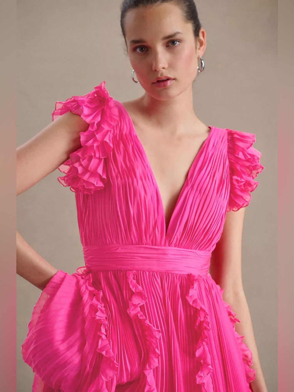 Mac Duggal Pleated Flutter-Sleeve Deep-V Empire-Waist Gown - Picture 2 of 5